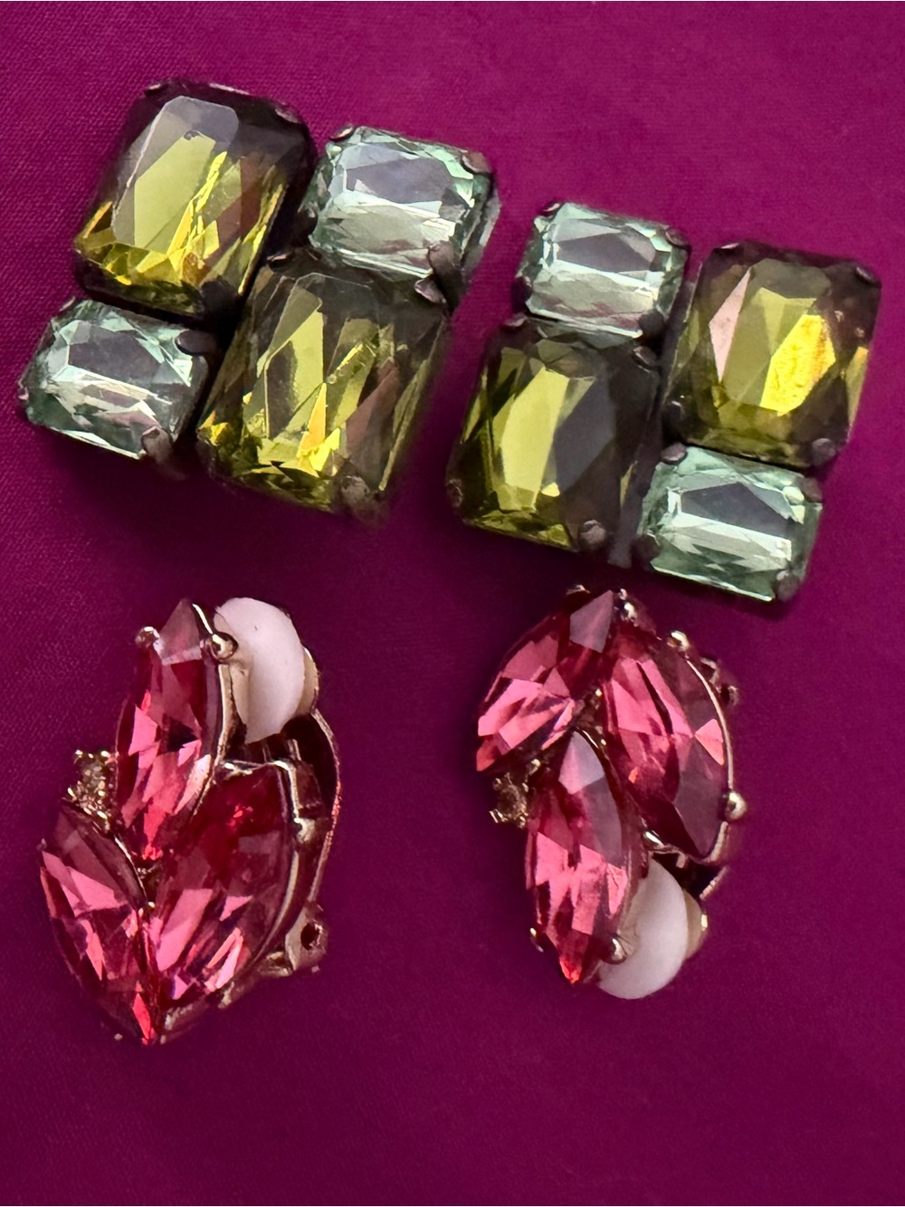 TWO Pair of Clip-on Glassy Earrings Red & Green